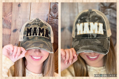 Mama Chenille Patch Camo Hat - Distressed Camouflage Cap