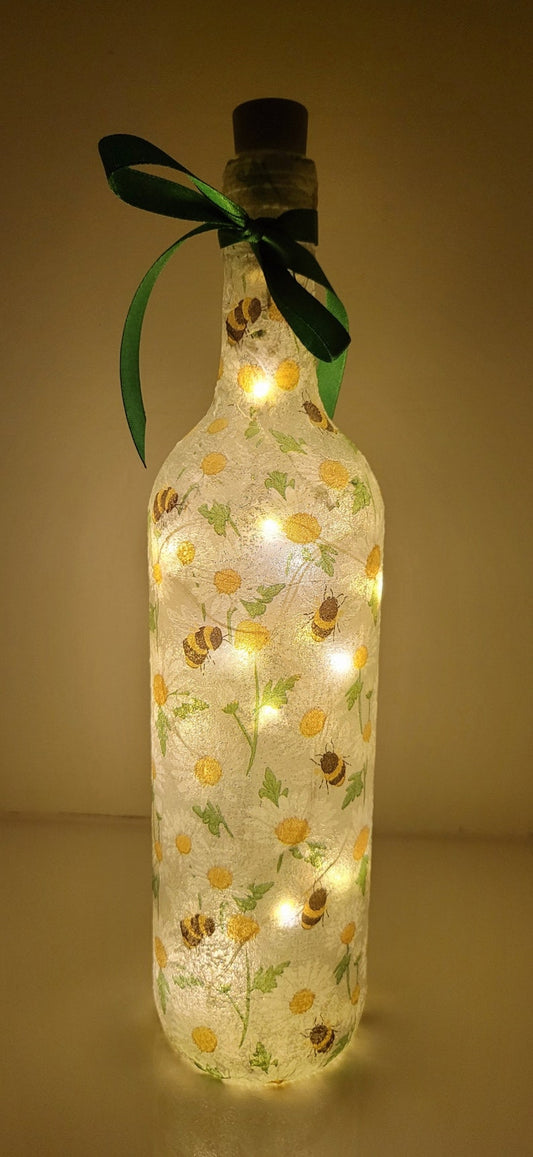 Bumble Bee & Daisy Bottle Lamp | Decoupage Wildflower and Bee Light | Nature Inspired Decor