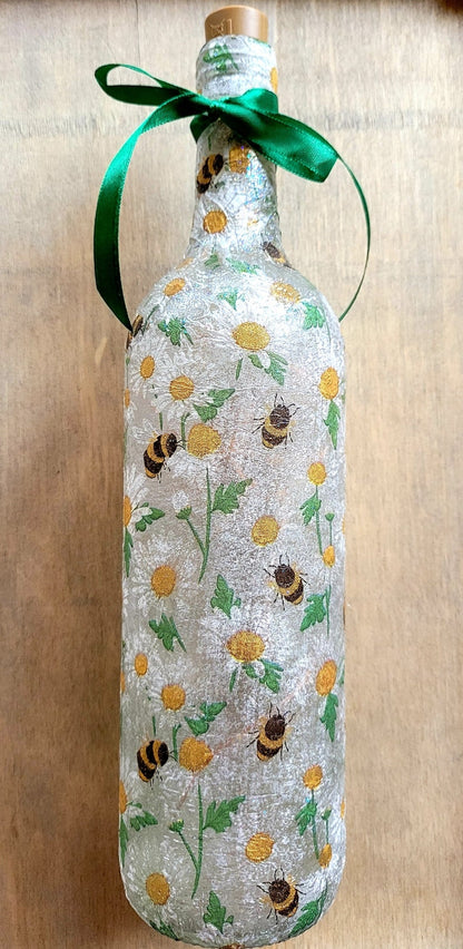 Bumble Bee & Daisy Bottle Lamp | Decoupage Wildflower and Bee Light | Nature Inspired Decor