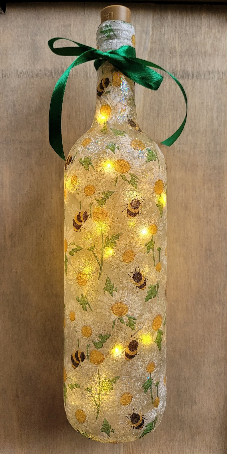 Bumble Bee & Daisy Bottle Lamp | Decoupage Wildflower and Bee Light | Nature Inspired Decor