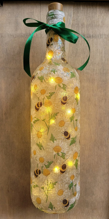 Bumble Bee & Daisy Bottle Lamp | Decoupage Wildflower and Bee Light | Nature Inspired Decor