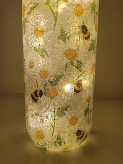 Bumble Bee & Daisy Bottle Lamp | Decoupage Wildflower and Bee Light | Nature Inspired Decor