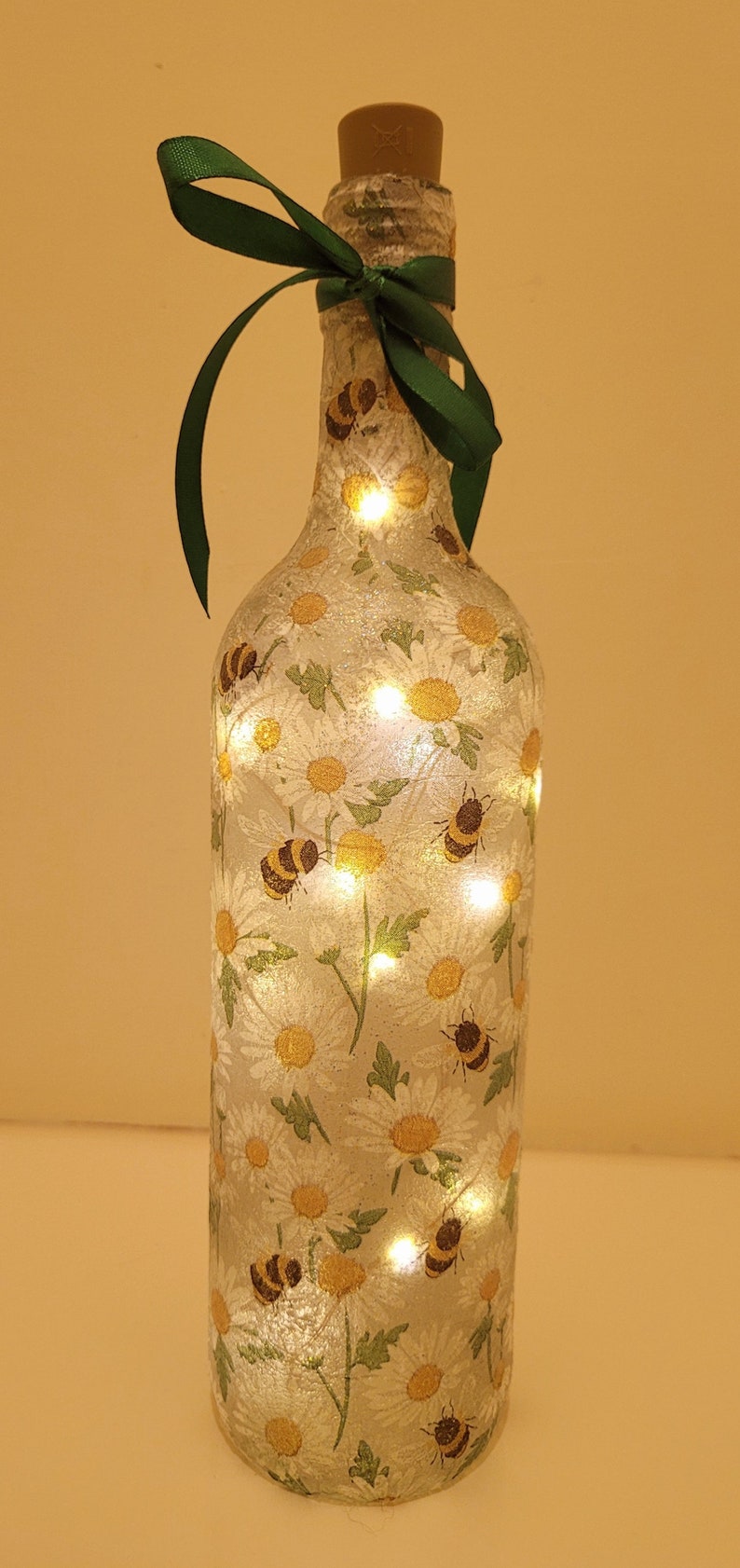 Bumble Bee & Daisy Bottle Lamp | Decoupage Wildflower and Bee Light | Nature Inspired Decor