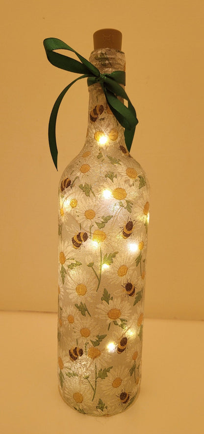 Bumble Bee & Daisy Bottle Lamp | Decoupage Wildflower and Bee Light | Nature Inspired Decor