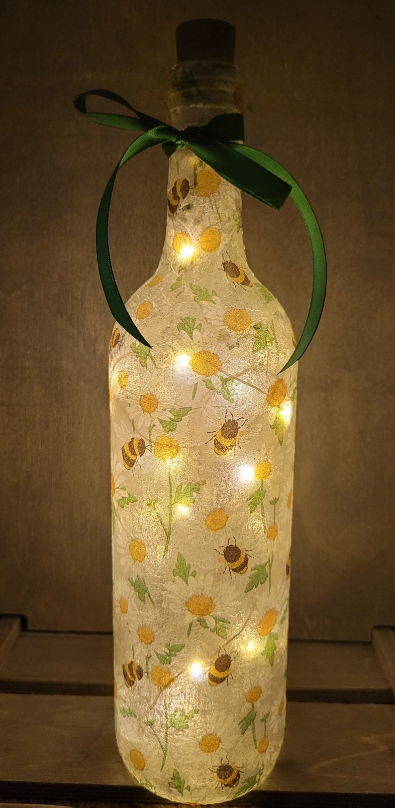 Bumble Bee & Daisy Bottle Lamp | Decoupage Wildflower and Bee Light | Nature Inspired Decor