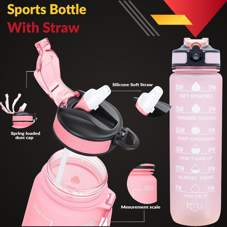 Motivational 1L Water Bottle with Time Marker & Straw