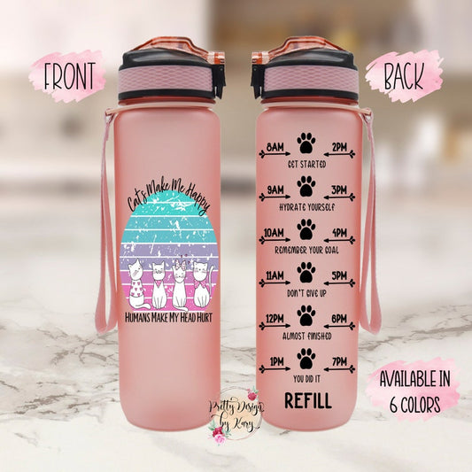 Cat Water Bottle, Custom Water Bottle, Water Bottle Tracker, Motivational Water Bottle, Cat Lover Gift, Cat Tumbler, Cat Mom Gift, Cat Gifts