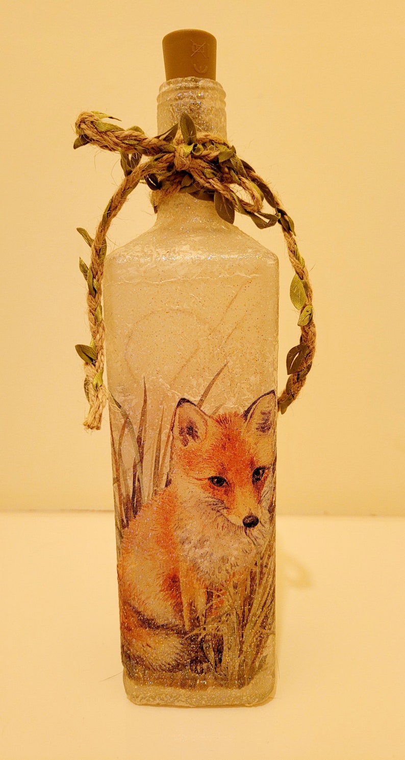 Fox Bottle Lamp | Woodland LED Bottle Light | Wildlife Home Decor | Decoupage Rustic Gift