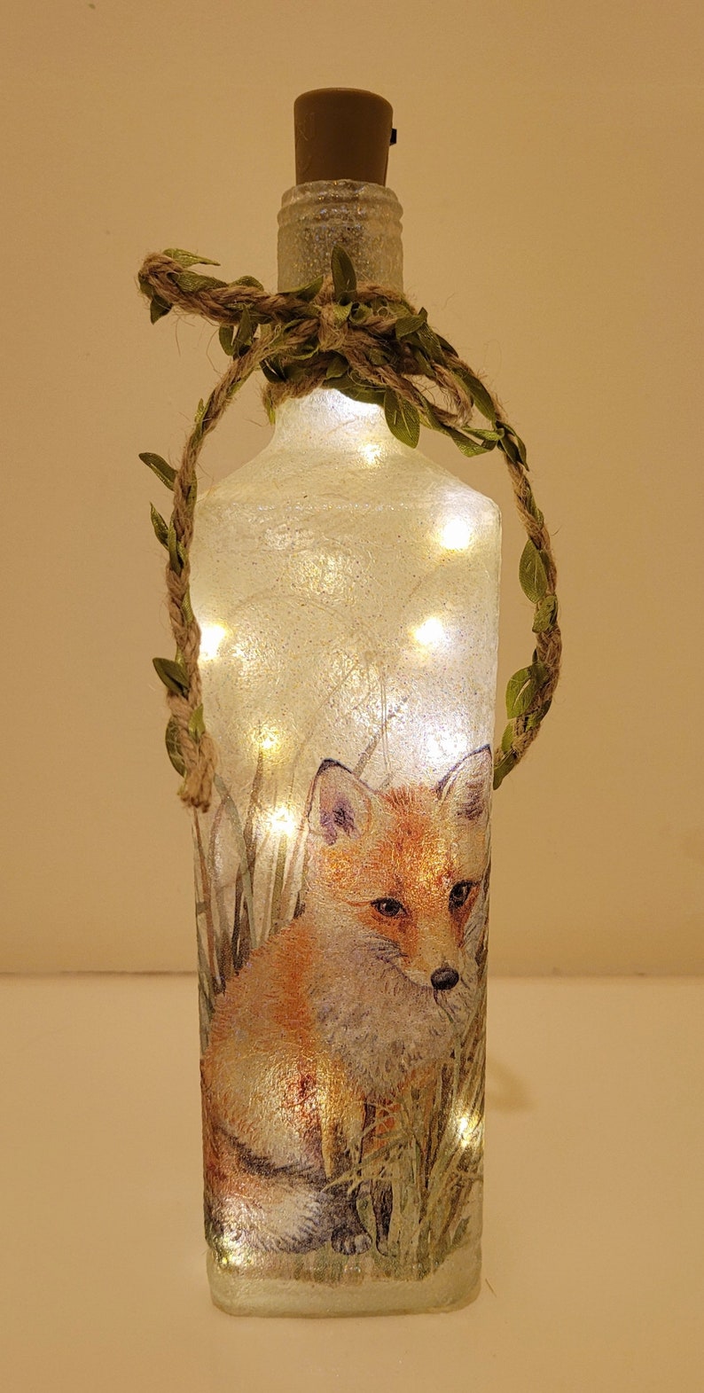Fox Bottle Lamp | Woodland LED Bottle Light | Wildlife Home Decor | Decoupage Rustic Gift