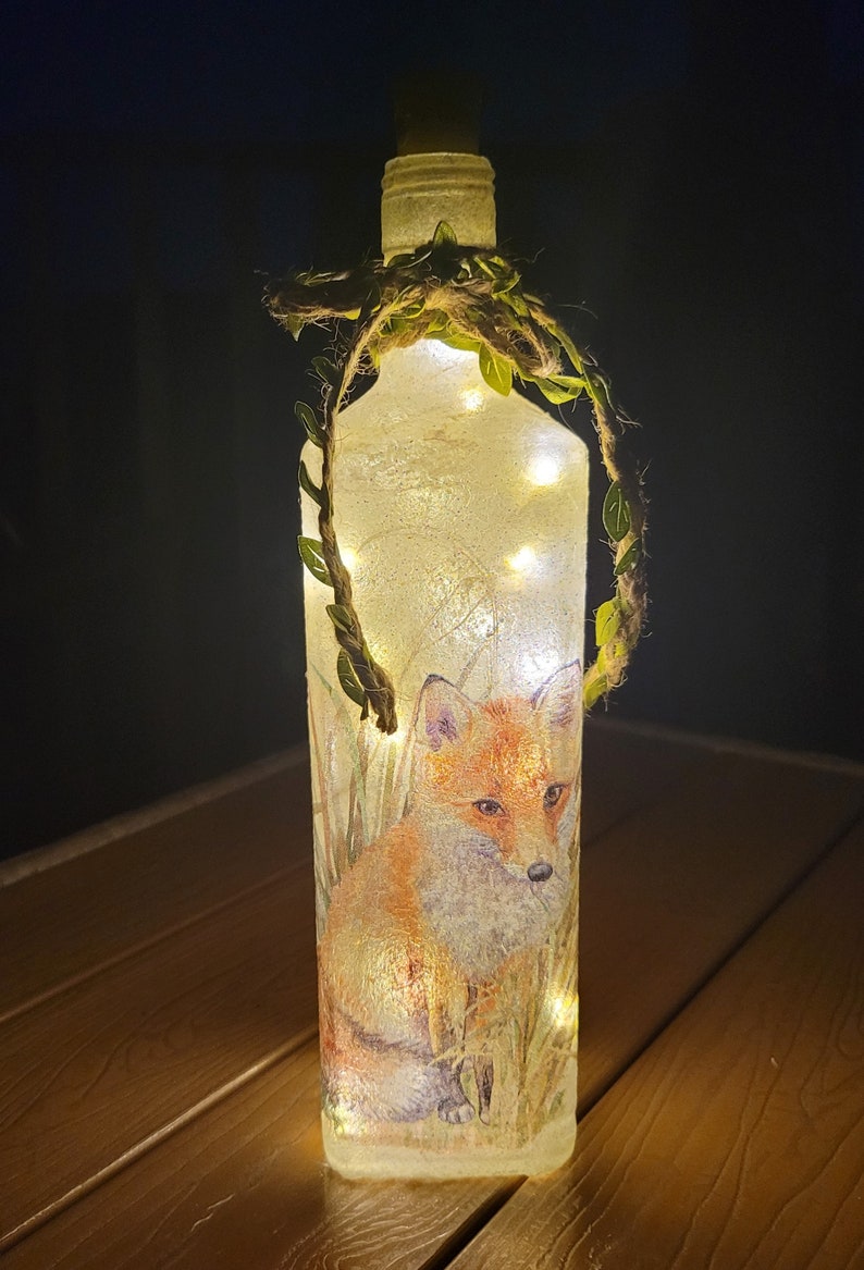 Fox Bottle Lamp | Woodland LED Bottle Light | Wildlife Home Decor | Decoupage Rustic Gift