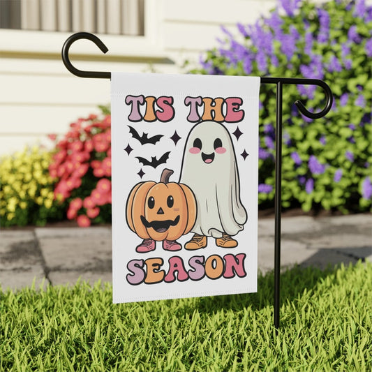 Tis The Season Halloween Garden Flag | Cute Ghost Pumpkin Yard Banner | Fall Porch Outdoor Decor | Spooky Season House Flag