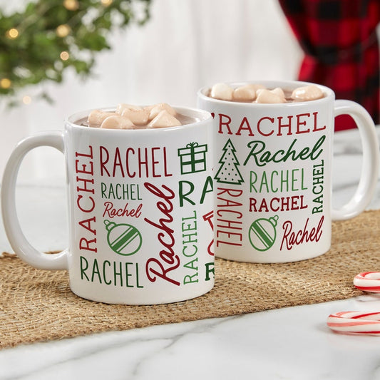 Personalized Holiday Name Coffee Mug – Custom Repeating Name Christmas Cup