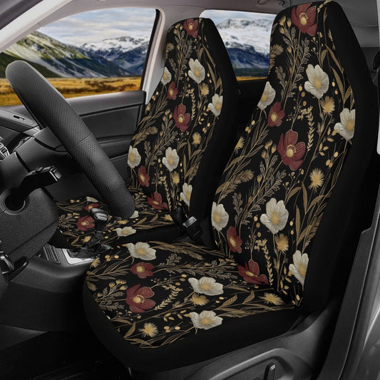 Gothic Flowers Car Seat Covers Full Set, Dark Goth Forest Floral Front And Back Seat Covers For Vehicle, Steering Wheel Cover, Car Gift