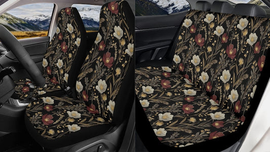 Gothic Flowers Car Seat Covers Full Set, Dark Goth Forest Floral Front And Back Seat Covers For Vehicle, Steering Wheel Cover, Car Gift