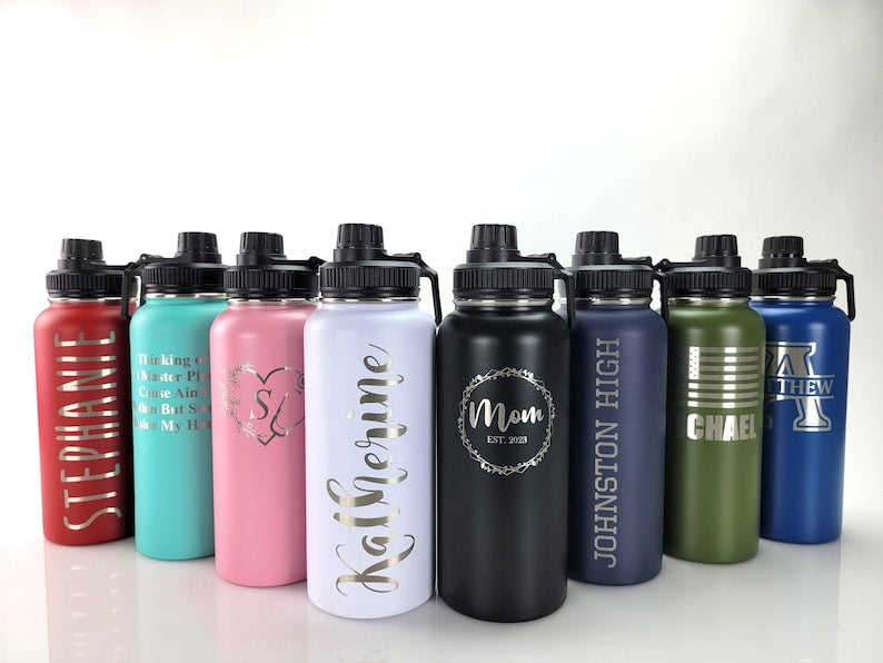 Personalized 32oz Water Bottle, Custom Engraved, Insulated Stainless Steel, Spill Proof Lid, With Handle, Personalized Gift, Name Bottles