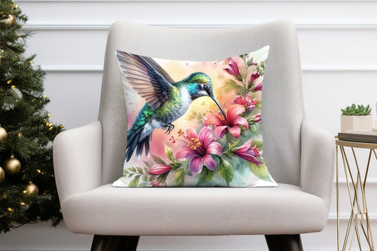 Square Hummingbird Wildflowers Throw Pillow, Floral Accent Pillow, Cottagecore Home Decor, Garden Flowers Posies, Hummingbird Throw Pillow