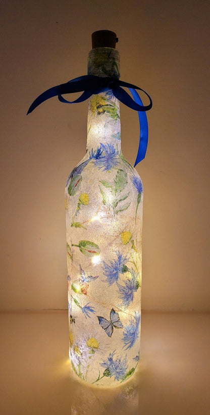 Blue Flower & Butterfly Bottle Lamp | Decoupage Rustic Light | LED Floral home decor
