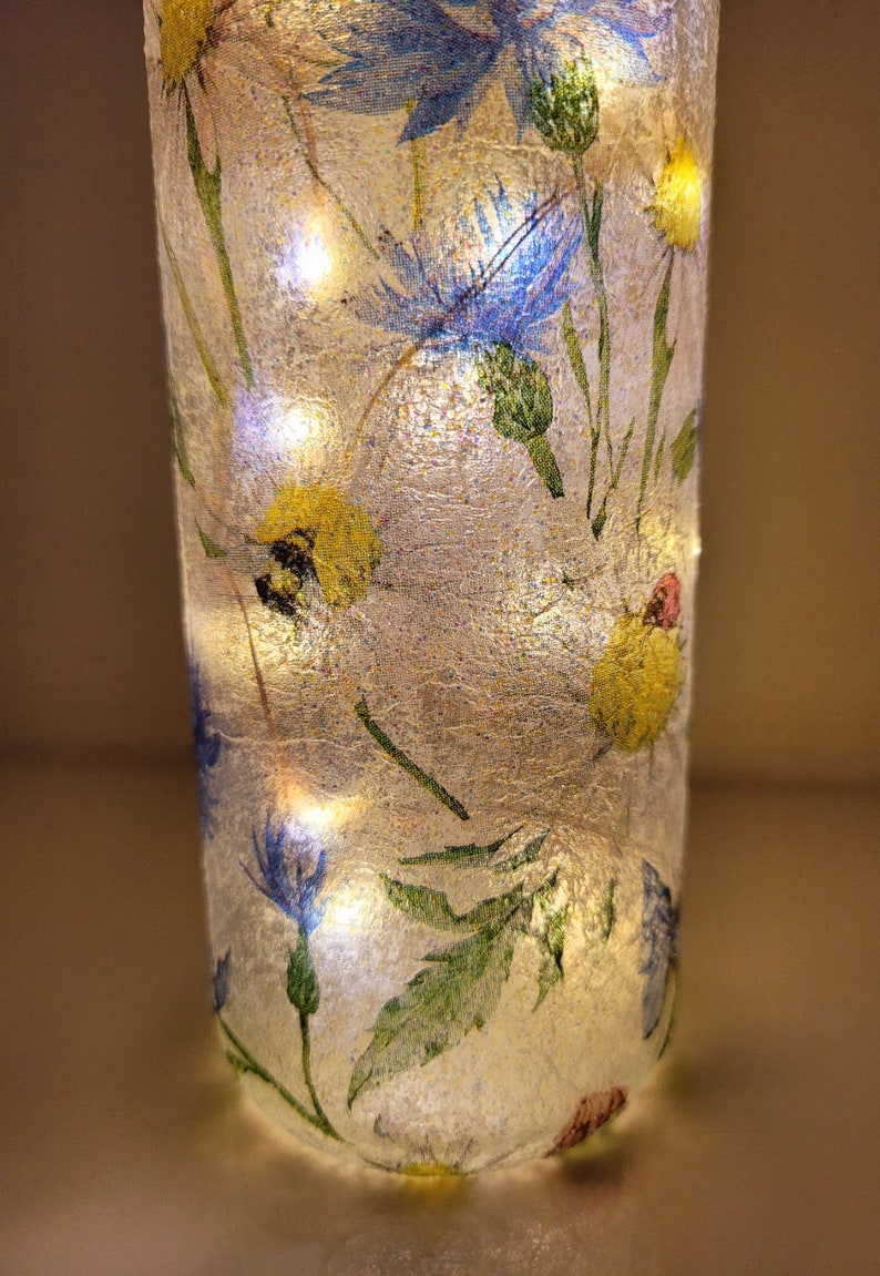 Blue Flower & Butterfly Bottle Lamp | Decoupage Rustic Light | LED Floral home decor