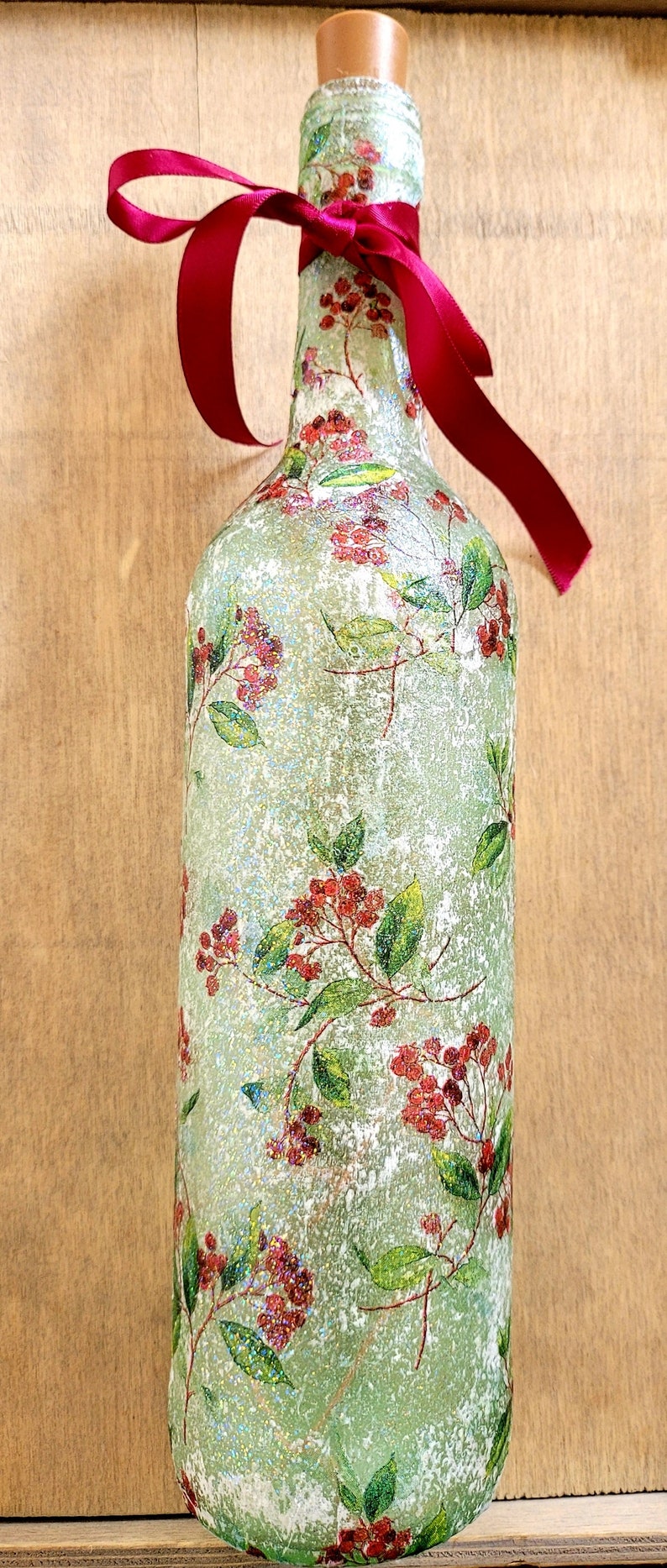 Berry Leaf Bottle Lamp | Decoupage LED Lighting | Nature Inspired Home Decor