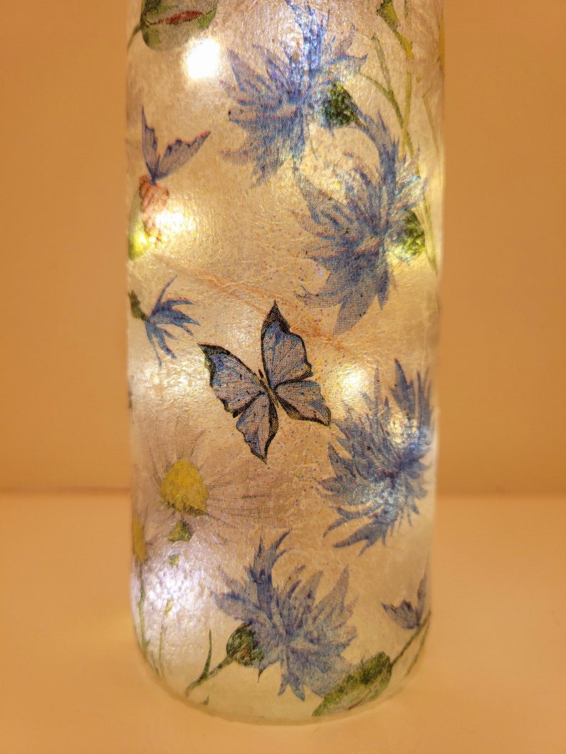 Blue Flower & Butterfly Bottle Lamp | Decoupage Rustic Light | LED Floral home decor