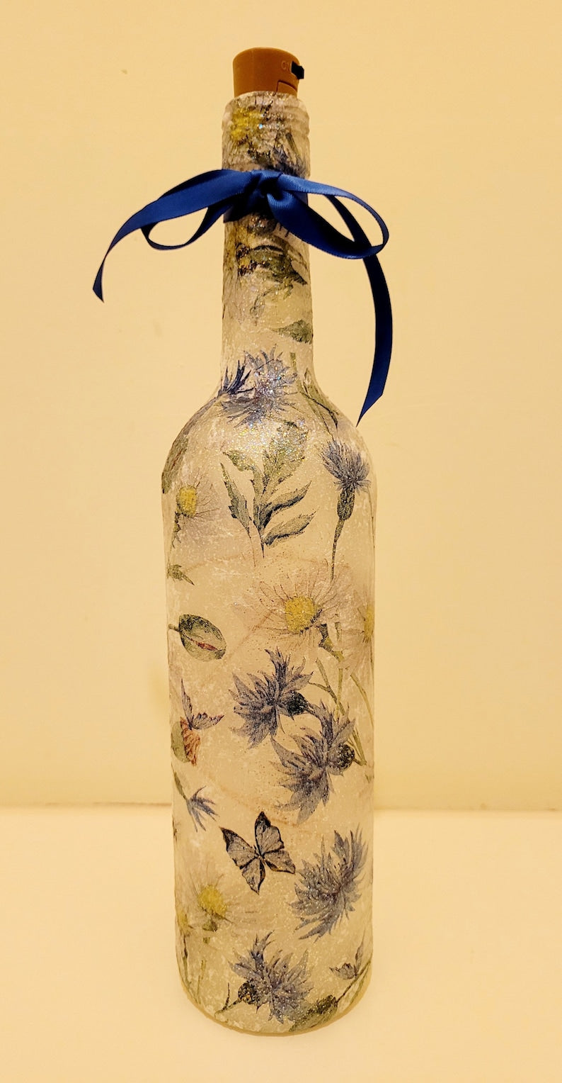 Blue Flower & Butterfly Bottle Lamp | Decoupage Rustic Light | LED Floral home decor