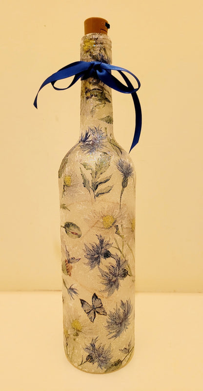 Blue Flower & Butterfly Bottle Lamp | Decoupage Rustic Light | LED Floral home decor