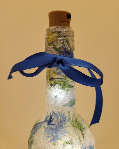 Blue Flower & Butterfly Bottle Lamp | Decoupage Rustic Light | LED Floral home decor