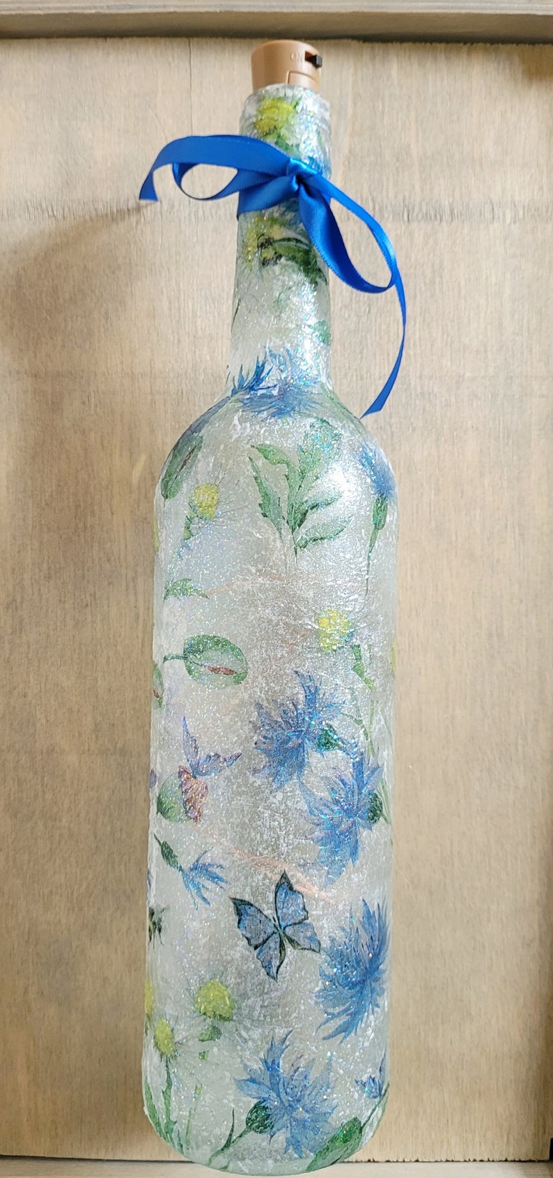 Blue Flower & Butterfly Bottle Lamp | Decoupage Rustic Light | LED Floral home decor