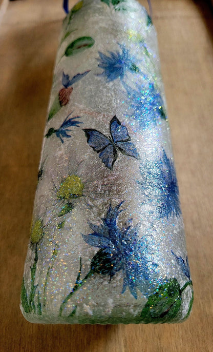 Blue Flower & Butterfly Bottle Lamp | Decoupage Rustic Light | LED Floral home decor