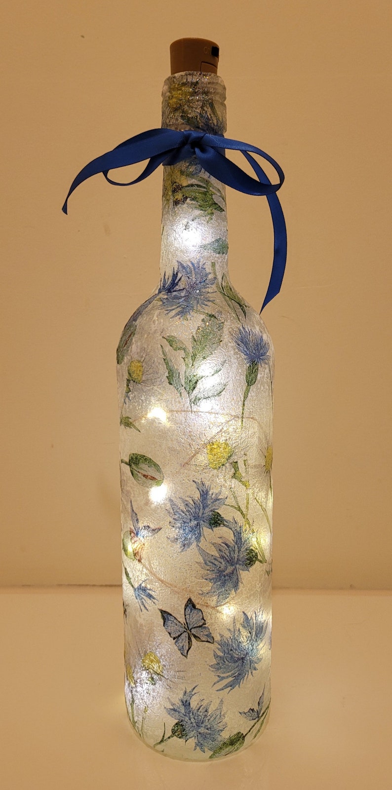 Blue Flower & Butterfly Bottle Lamp | Decoupage Rustic Light | LED Floral home decor
