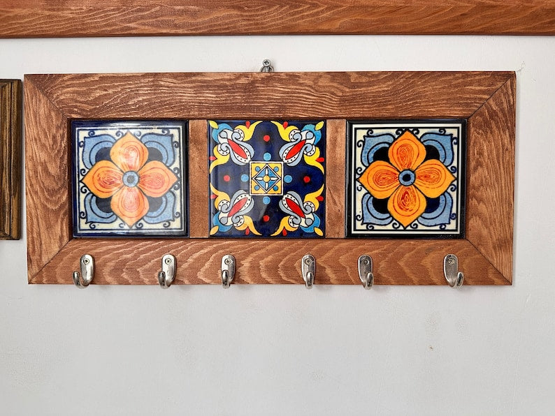 Wall Key Holder & 6 Keys Hooks, Rustic Storage Shelf Hook, Entryway Decor, Hall Tidy, Mail Organizer, Hanging Tiled Key Rack, Christmas Gift