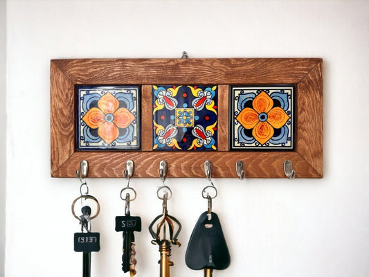Wall Key Holder & 6 Keys Hooks, Rustic Storage Shelf Hook, Entryway Decor, Hall Tidy, Mail Organizer, Hanging Tiled Key Rack, Christmas Gift