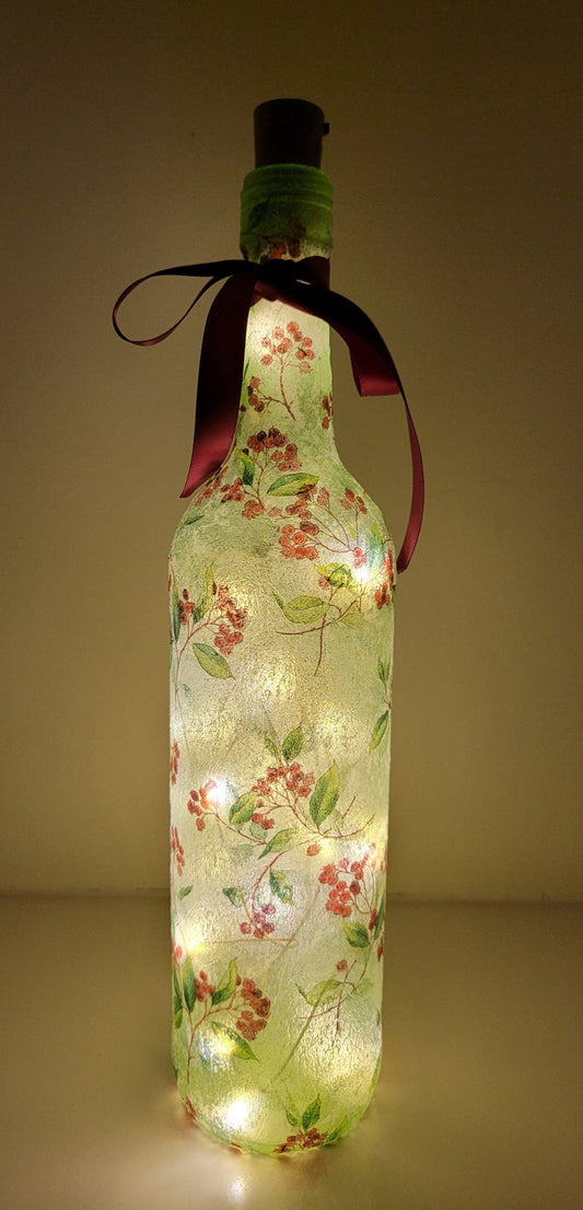 Berry Leaf Bottle Lamp | Decoupage LED Lighting | Nature Inspired Home Decor