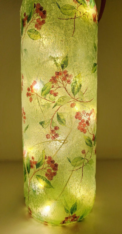 Berry Leaf Bottle Lamp | Decoupage LED Lighting | Nature Inspired Home Decor
