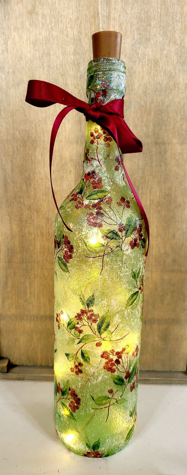 Berry Leaf Bottle Lamp | Decoupage LED Lighting | Nature Inspired Home Decor