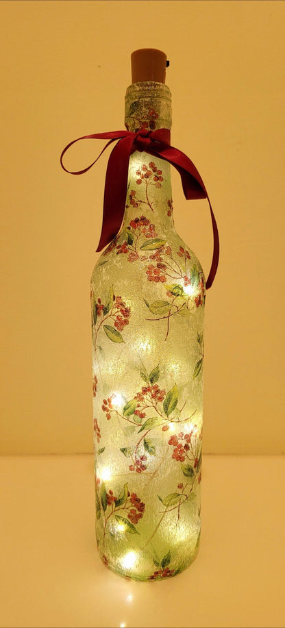 Berry Leaf Bottle Lamp | Decoupage LED Lighting | Nature Inspired Home Decor