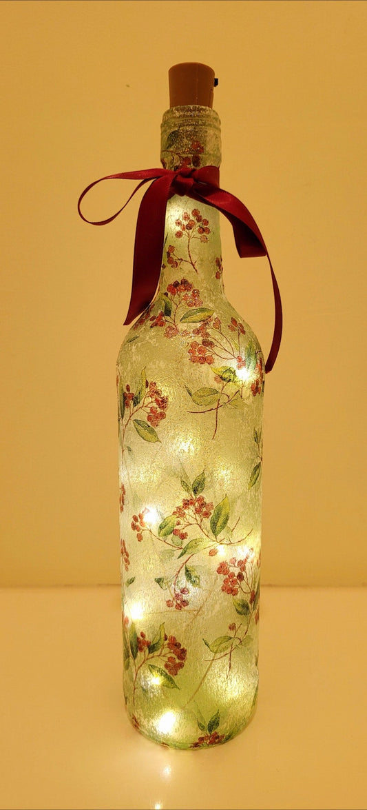 Berry Leaf Bottle Lamp | Decoupage LED Lighting | Nature Inspired Home Decor