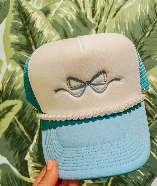 Embroidered Bow Trucker Hat with Pearl Chain – Coquette Y2K