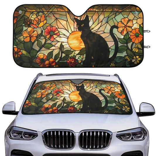 Black Cat Retro Sunray Car Sunshade, Cottagecore Cat Floral Windshield Car Decor, Gift For Cat Lover, Front Window Cover, Car Decor Gift