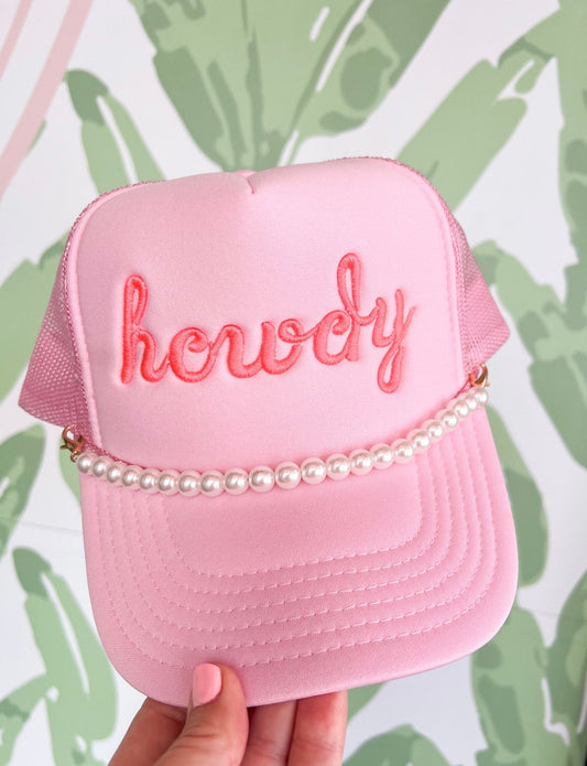 Howdy Embroidered Trucker Hat with Pearl Chain - Custom Colors