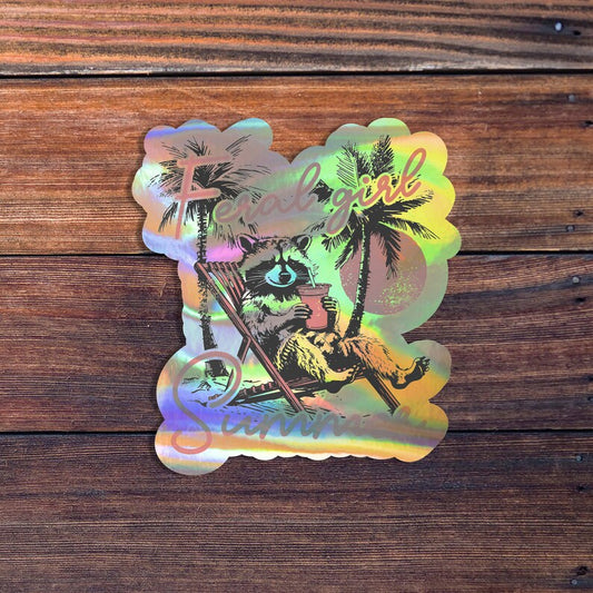 Feral Girl Summer Sticker, Funny Raccoon Sticker, Summer Sticker, Sarcastic Sticker, Girly Car Sticker, Gen Z Meme,Waterproof Vinyl Sticker