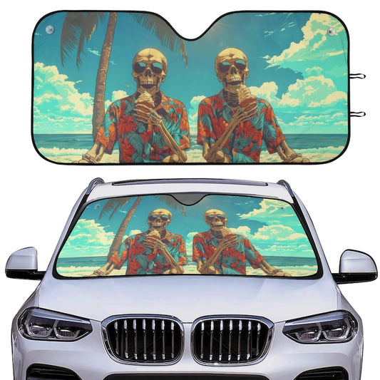 Funny Skeletons Car Auto Sun Shade, Tropical Beach Skull Windshield Sunshade, Summer Lovers Car Gift, Car Accessories, Front Window Cover