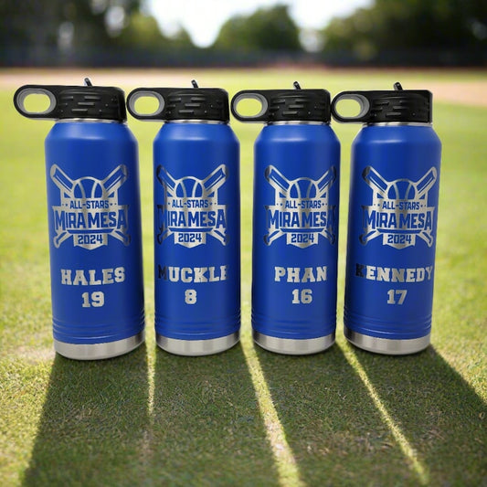 Baseball Team Water Bottles - Your Team Logo - Custom Engraved 32oz Stainless Steel Bottles for Baseball Players, Baseball Teams and Coaches