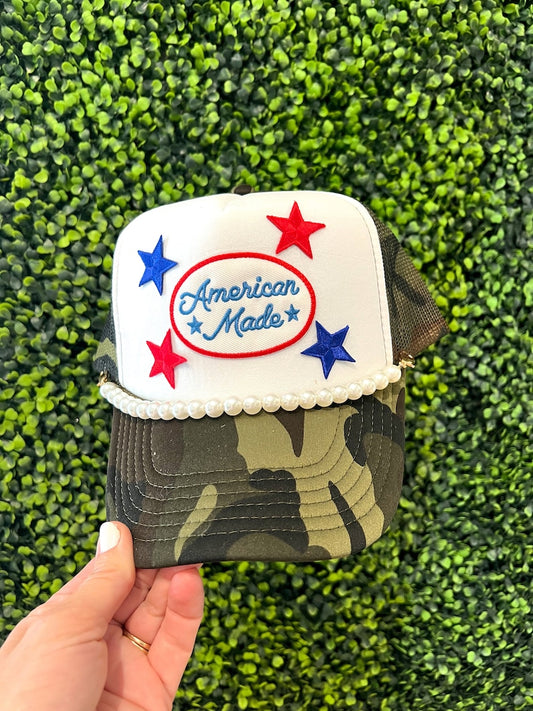 Camo Trucker Hat: American Made Patch, Pearl Chain - Patriotic USA