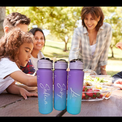 Personalised Motivational Water Bottle with Pop Up Straw and Time Markings, Leak Proof, BPA free