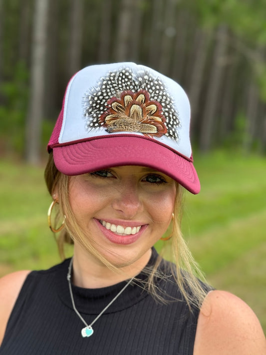 Feather Trucker Hat: Spotted Guinea Feather, Custom Colors