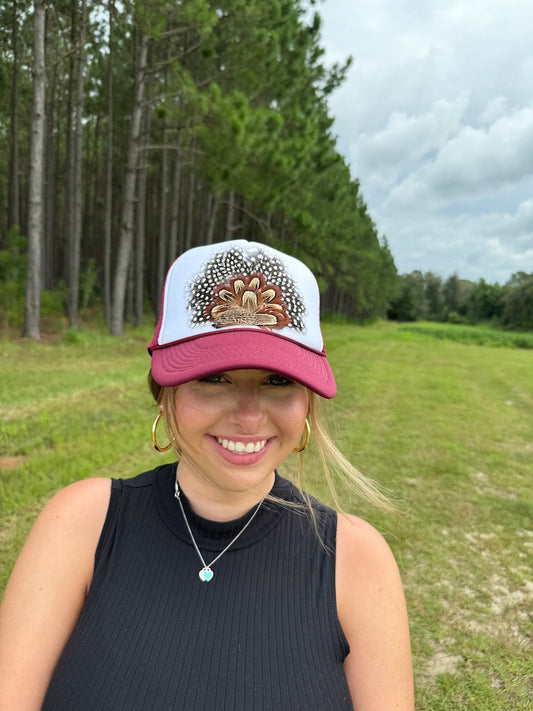 Feather Trucker Hat: Spotted Guinea Feather, Custom Colors