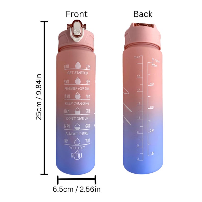 Personalised Motivational Water Bottle with Pop Up Straw and Time Markings, Leak Proof, BPA free