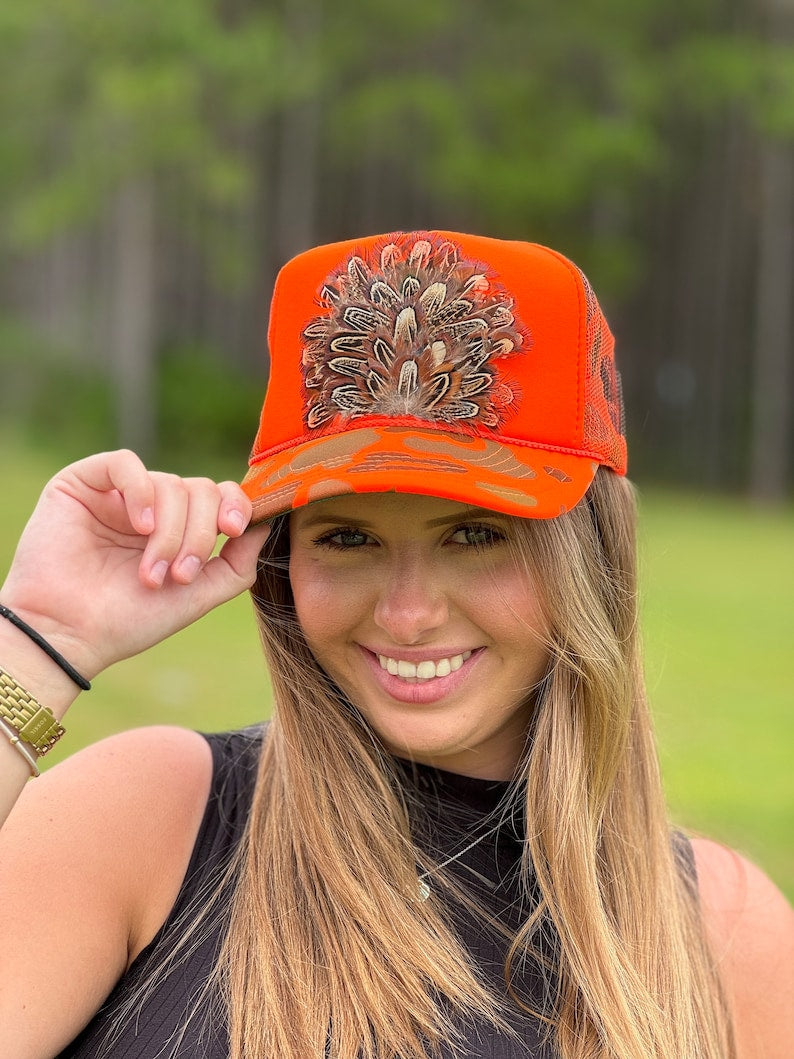 Pheasant Feather Trucker Hat – Camo Hunting Hat, Unisex