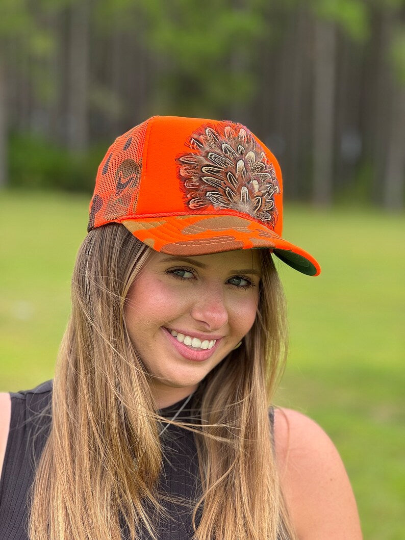 Pheasant Feather Trucker Hat – Camo Hunting Hat, Unisex